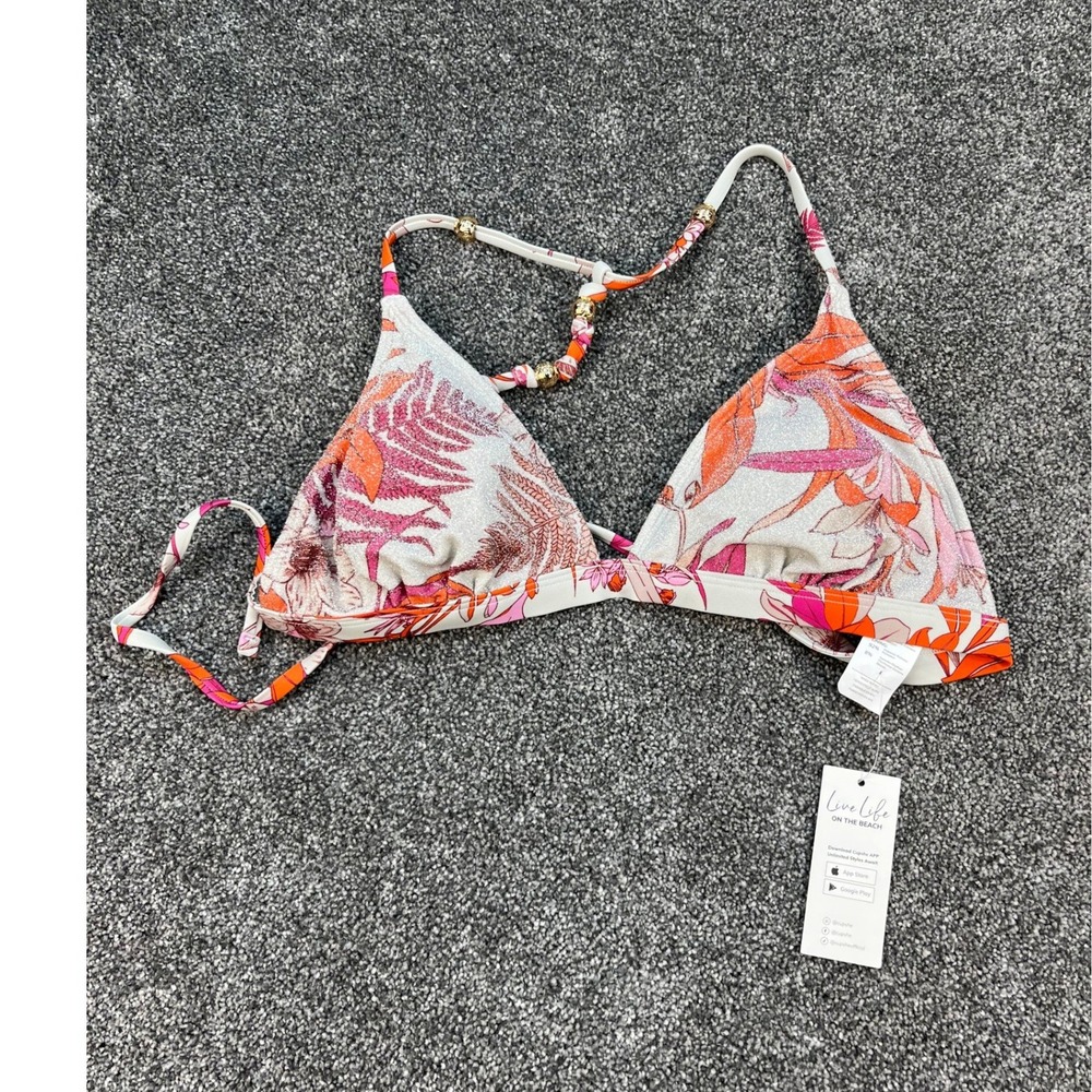 Cupshe Womens Pink Orange Floral Metallic Triangle Bikini Top Gold Beads Size L‎